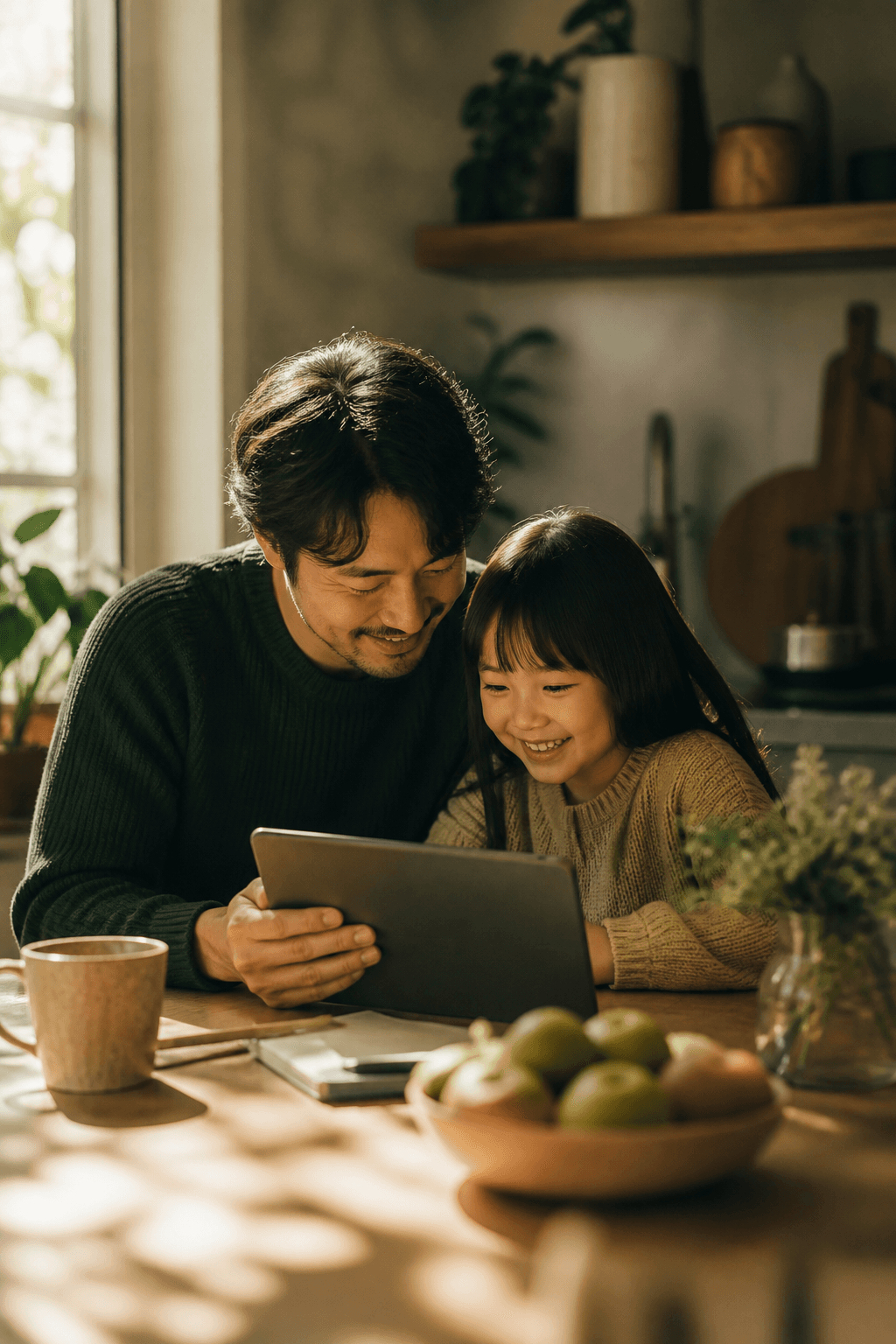 A parent and child looking through coverage options together at home